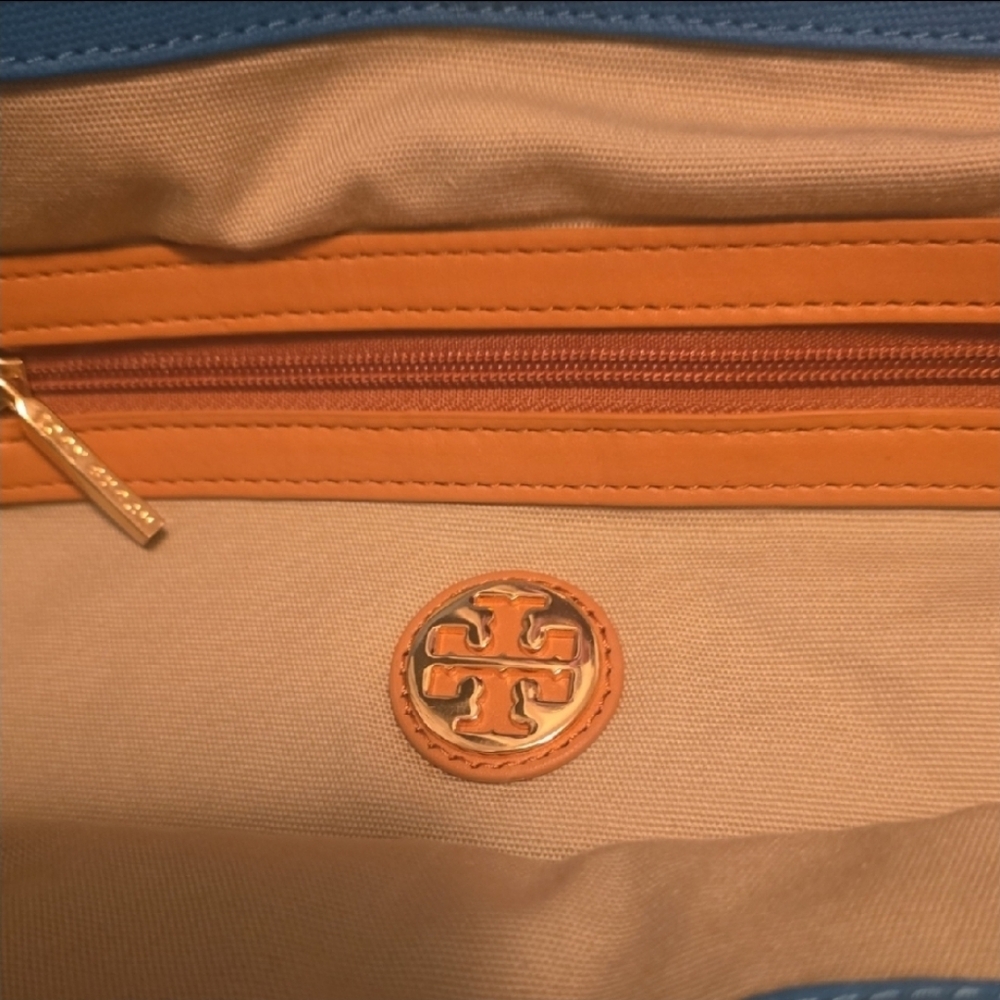 TORY BURCH Jaden Blue Brown Canvas Leather Tote Bag EUC! $250 - Picture 5 of 8